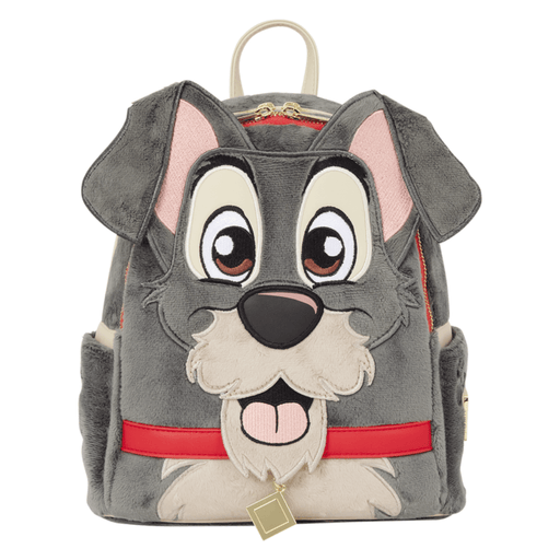 Loungefly Disney Lady and the Tramp Plush Cosplay Mini Backpack featuring Tramp's grey plush face, floppy ears and red collar