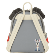 Back of Disney Loungefly Lady and the Tramp Mini Backpack with adjustable cream straps and printed Tramp illustration