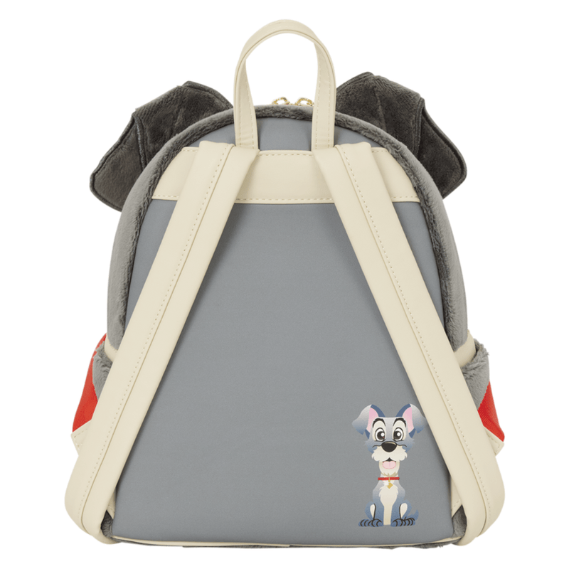 Back of Disney Loungefly Lady and the Tramp Mini Backpack with adjustable cream straps and printed Tramp illustration
