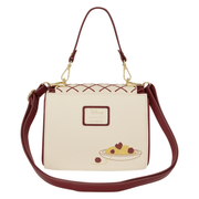 Back of Loungefly Disney Lady and the Tramp Crossbody Bag featuring spaghetti and meatball illustration and burgundy shoulder strap