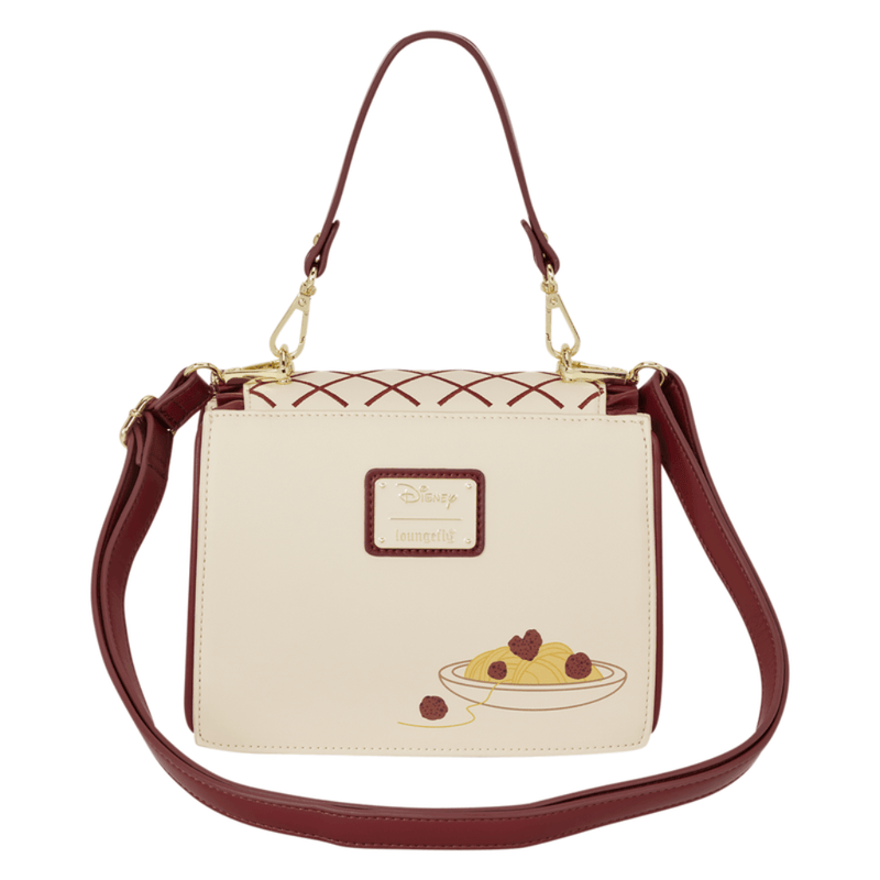 Back of Loungefly Disney Lady and the Tramp Crossbody Bag featuring spaghetti and meatball illustration and burgundy shoulder strap