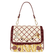 Loungefly Disney Lady and the Tramp Spaghetti Crossbody Bag with pasta appliqués, burgundy ruffles and Lady and Tramp charms