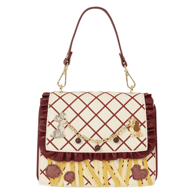 Loungefly Disney Lady and the Tramp Spaghetti Crossbody Bag with pasta appliqués, burgundy ruffles and Lady and Tramp charms