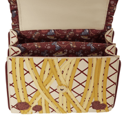 Open Lady and the Tramp Loungefly handbag showing spaghetti appliqués, interior compartments and burgundy Disney character lining