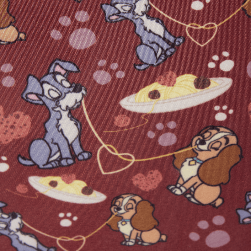 Burgundy Loungefly Lady and the Tramp handbag lining featuring Lady, Tramp, spaghetti, hearts and paw prints