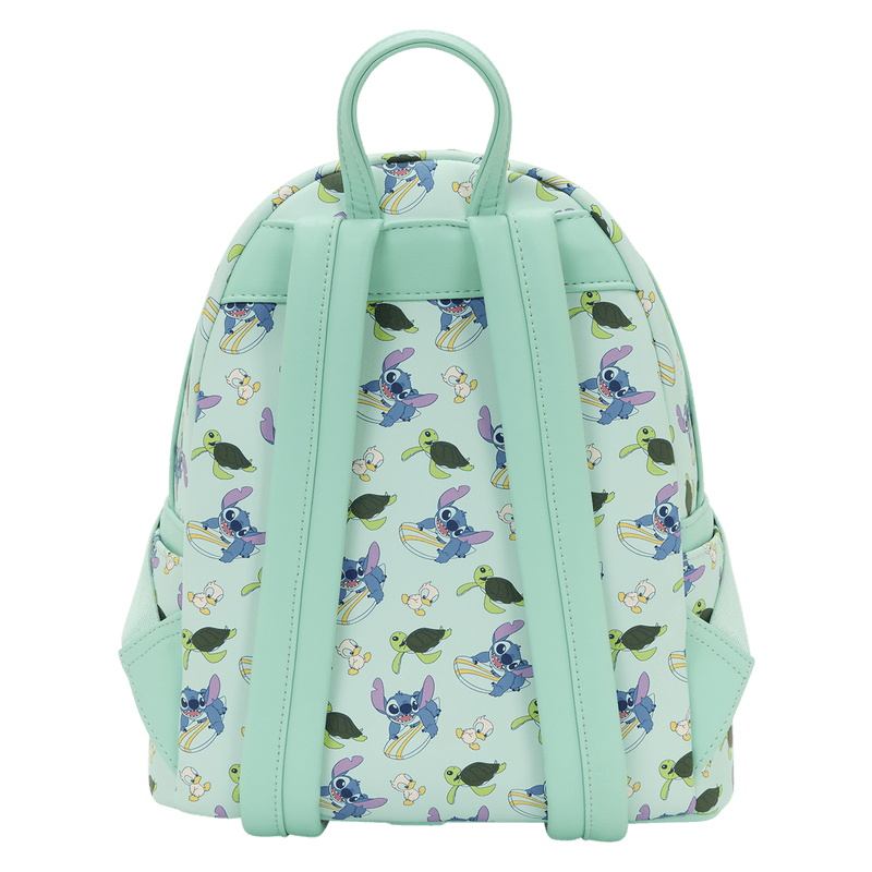 Back view of the Loungefly Disney Lilo & Stitch Animal Friends All-Over Print Mini Backpack with mint green shoulder straps and character print
