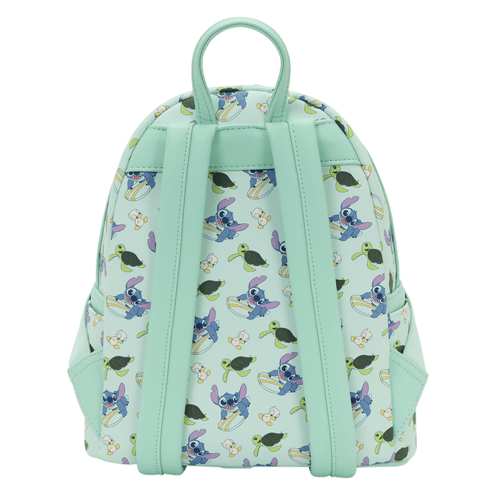 Back view of the Loungefly Disney Lilo & Stitch Animal Friends All-Over Print Mini Backpack with mint green shoulder straps and character print