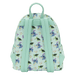 Back view of the Loungefly Disney Lilo & Stitch Animal Friends All-Over Print Mini Backpack with mint green shoulder straps and character print