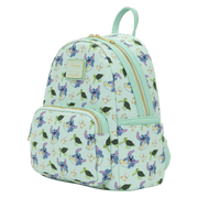 Angled front view of the Loungefly Disney Lilo & Stitch Animal Friends All-Over Print Mini Backpack in mint green with Stitch, turtles and ducklings