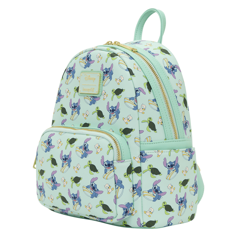 Angled front view of the Loungefly Disney Lilo & Stitch Animal Friends All-Over Print Mini Backpack in mint green with Stitch, turtles and ducklings