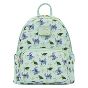 Front view of the Loungefly Disney Lilo & Stitch Animal Friends All-Over Print Mini Backpack with all-over Stitch, turtle and duckling print