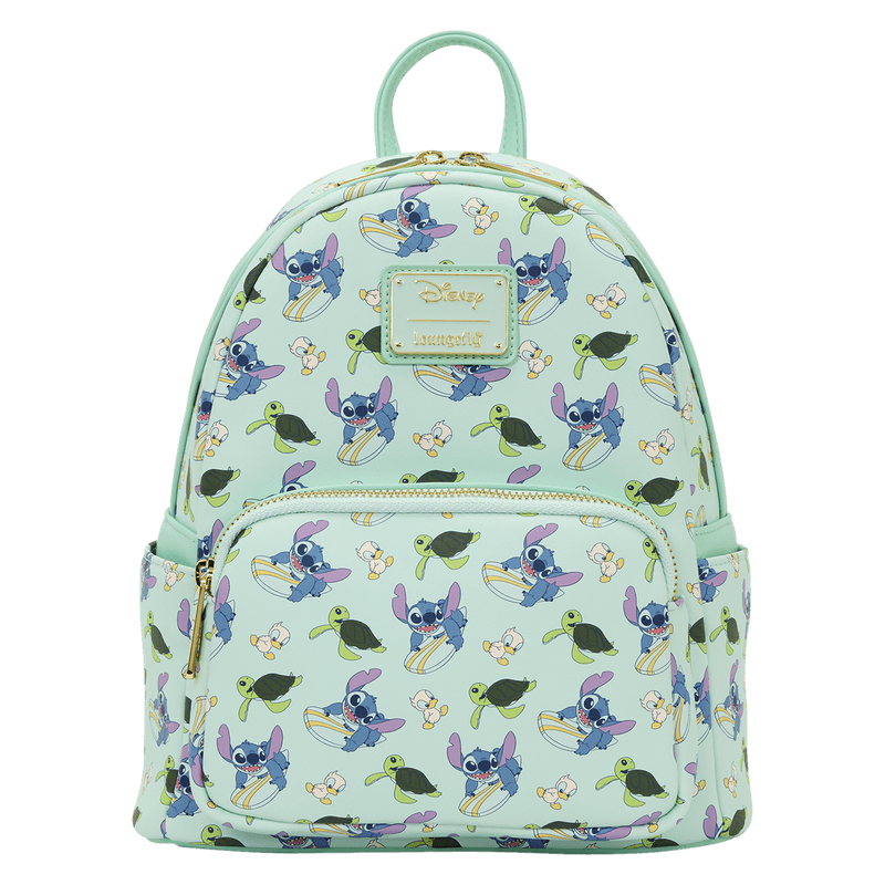 Front view of the Loungefly Disney Lilo & Stitch Animal Friends All-Over Print Mini Backpack with all-over Stitch, turtle and duckling print