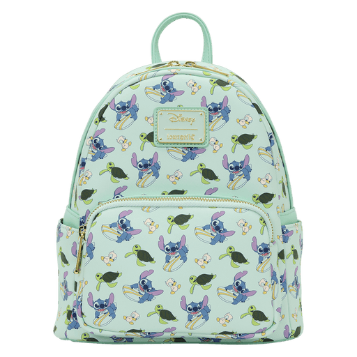 Front view of the Loungefly Disney Lilo & Stitch Animal Friends All-Over Print Mini Backpack with all-over Stitch, turtle and duckling print