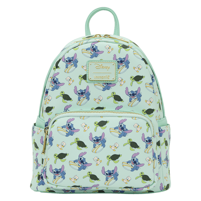 Front view of the Loungefly Disney Lilo & Stitch Animal Friends All-Over Print Mini Backpack with all-over Stitch, turtle and duckling print