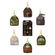 Loungefly The Lord of the Rings Cosplay Mystery Mini Backpack Keychain Charm collection showing all six possible character designs and mystery box