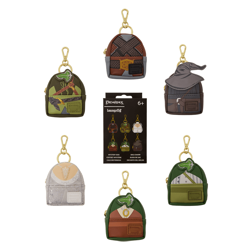Loungefly The Lord of the Rings Cosplay Mystery Mini Backpack Keychain Charm collection showing all six possible character designs and mystery box