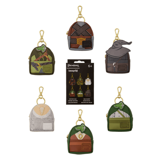 Loungefly The Lord of the Rings Cosplay Mystery Mini Backpack Keychain Charm collection showing all six possible character designs and mystery box