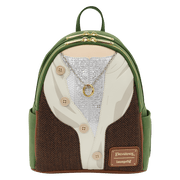 Front view of the Loungefly The Lord of the Rings Frodo Mithril Cosplay Mini Backpack with tweed panels and ring chain detail