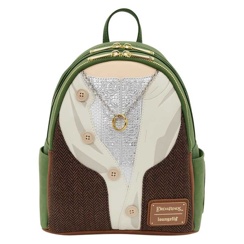 Front view of the Loungefly The Lord of the Rings Frodo Mithril Cosplay Mini Backpack with tweed panels and ring chain detail