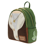 Side view of the Loungefly The Lord of the Rings Frodo Mithril Cosplay Mini Backpack with green body and Leaf of Lorien side detail