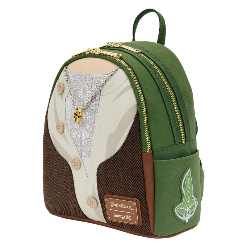 Side view of the Loungefly The Lord of the Rings Frodo Mithril Cosplay Mini Backpack with green body and Leaf of Lorien side detail