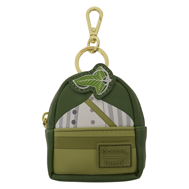 Loungefly The Lord of the Rings mystery mini backpack keychain charm inspired by Samwise with green outfit design and Leaf of Lorien detail