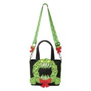 Loungefly Man-Eating Wreath Mini Tote Crossbody Bag with adjustable green patterned strap and decorative red bows