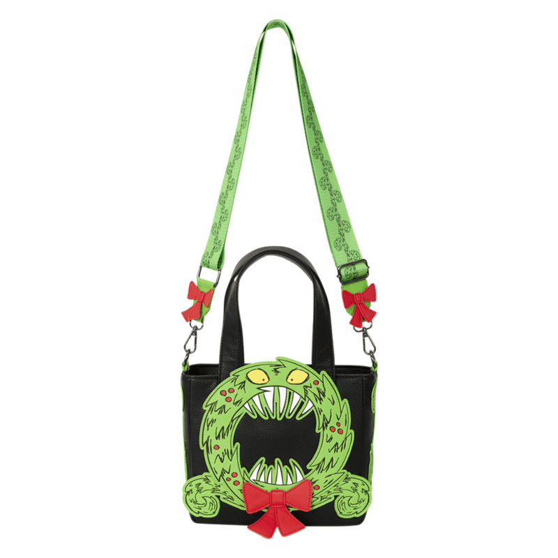 Loungefly Man-Eating Wreath Mini Tote Crossbody Bag with adjustable green patterned strap and decorative red bows