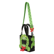 Side view of Loungefly Man-Eating Wreath Mini Tote showing dimensional green wreath appliqué, black handles and red bow detail