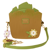 Back of Groot Spring Blooms Loungefly Crossbody Bag showing woodgrain texture, decorative flower and Marvel Loungefly plaque