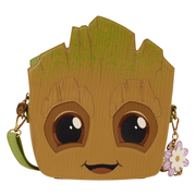 Loungefly Marvel Groot Spring Blooms Crossbody Bag front view with embroidered eyes, woodgrain texture and floral charms