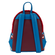 Back view of Loungefly Spider-Man mini backpack with blue straps and burgundy panel.
