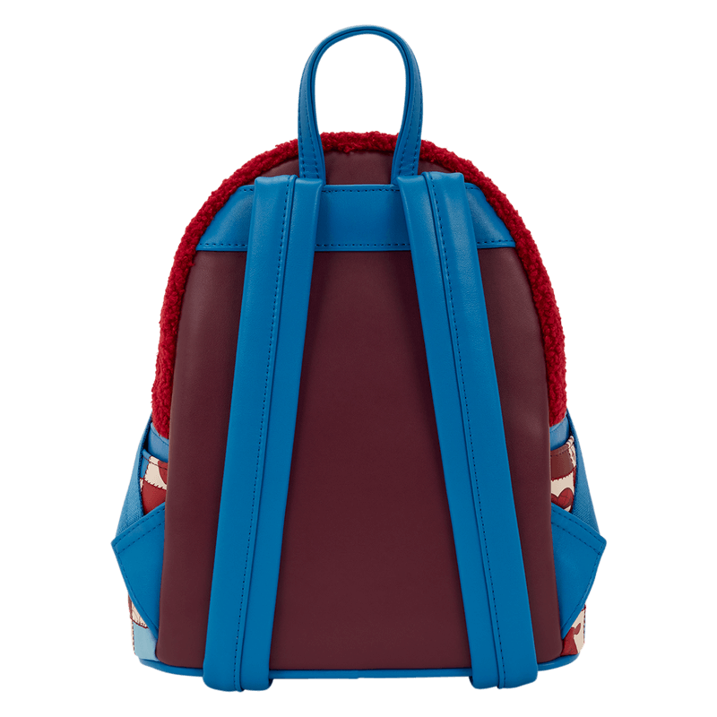 Back view of Loungefly Spider-Man mini backpack with blue straps and burgundy panel.