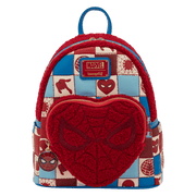 Front view of Loungefly Spider-Man mini backpack with plush heart pocket and Marvel plaque.