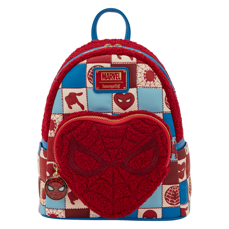 Front view of Loungefly Spider-Man mini backpack with plush heart pocket and Marvel plaque.
