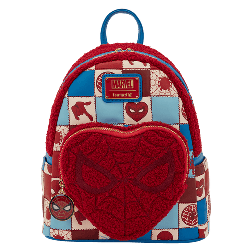 Front view of Loungefly Spider-Man mini backpack with plush heart pocket and Marvel plaque.