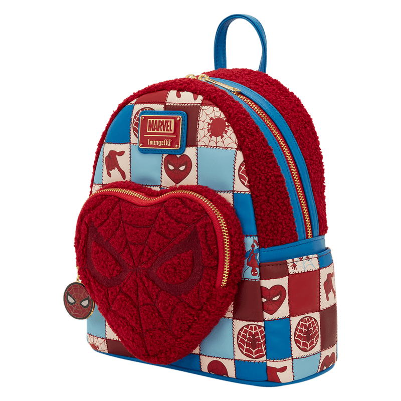 Loungefly Marvel Spider-Man mini backpack with red sherpa heart pocket and patchwork panels, left angle.