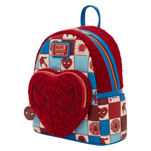 Loungefly Marvel Spider-Man mini backpack with red sherpa heart pocket and patchwork panels, left angle.