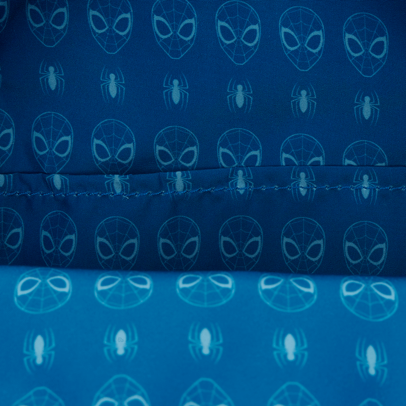 Blue printed lining with Spider-Man masks and spiders inside Loungefly backpack.