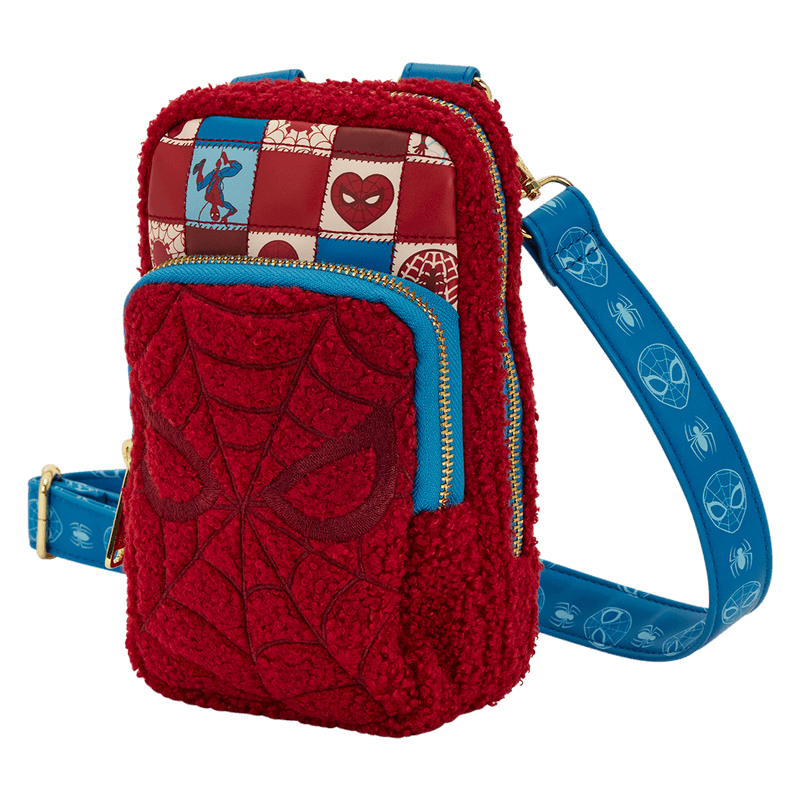 Three-quarter view of Loungefly Spider-Man sherpa phone crossbody showing blue zip and textured pocket.