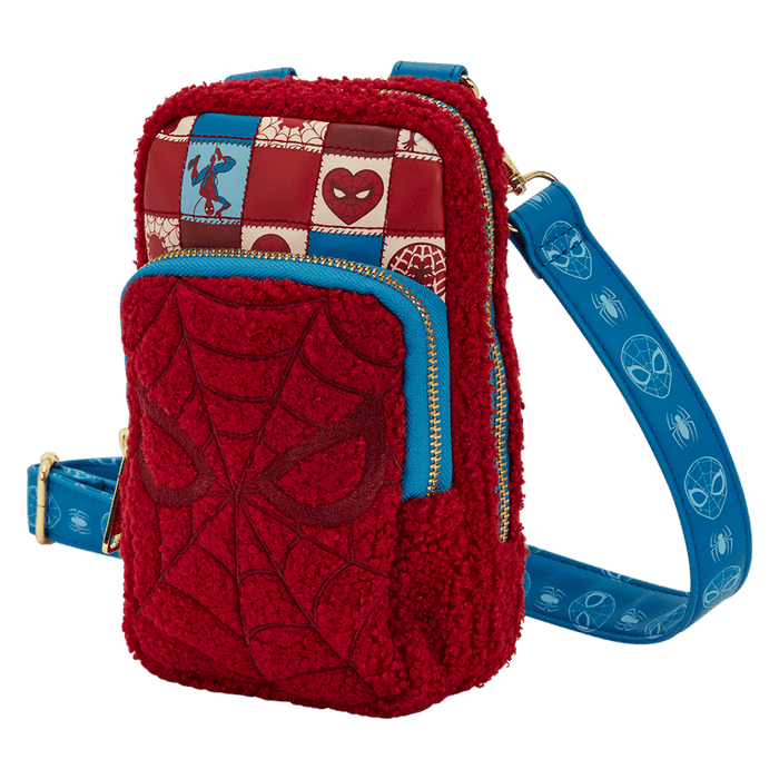 Three-quarter view of Loungefly Spider-Man sherpa phone crossbody showing blue zip and textured pocket.