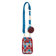 Back of Loungefly Spider-Man phone crossbody with blue printed strap and detachable round coin pouch.