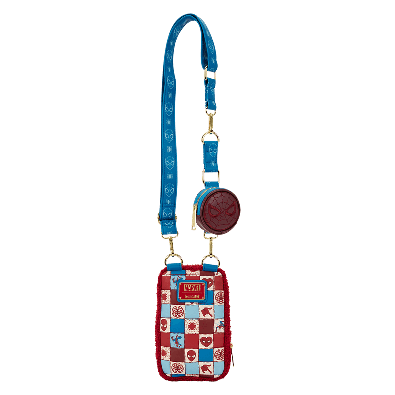 Back of Loungefly Spider-Man phone crossbody with blue printed strap and detachable round coin pouch.