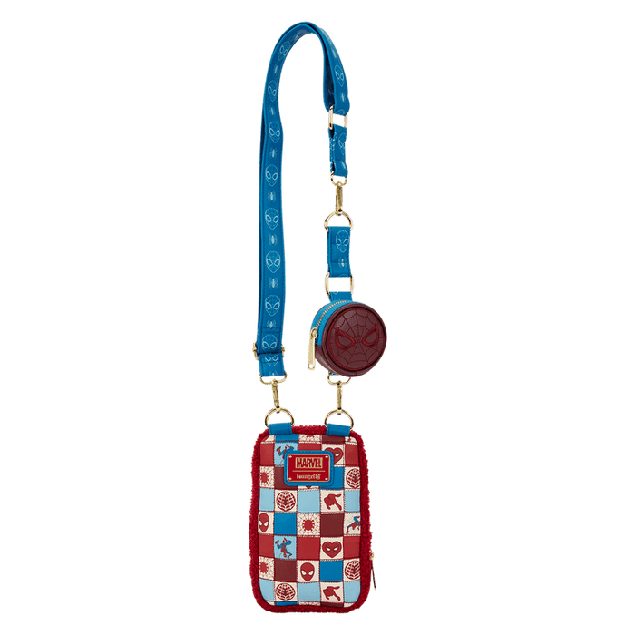 Back of Loungefly Spider-Man phone crossbody with blue printed strap and detachable round coin pouch.