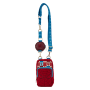 Full strap view of Loungefly Spider-Man sherpa phone crossbody with mask pocket and patchwork.