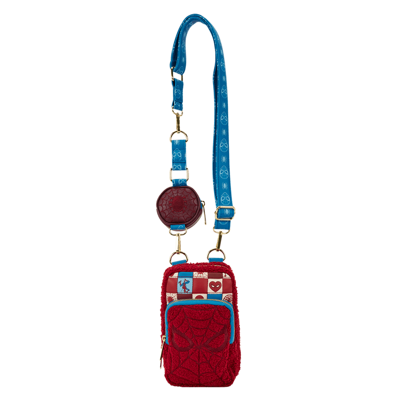 Full strap view of Loungefly Spider-Man sherpa phone crossbody with mask pocket and patchwork.