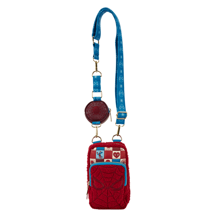 Full strap view of Loungefly Spider-Man sherpa phone crossbody with mask pocket and patchwork.