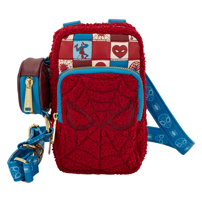 Front view of Loungefly Marvel Spider-Man phone crossbody with red sherpa mask pocket and patchwork panels.