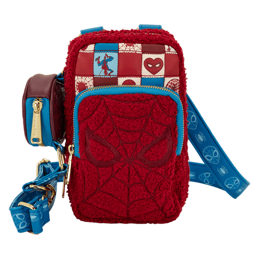 Front view of Loungefly Marvel Spider-Man phone crossbody with red sherpa mask pocket and patchwork panels.