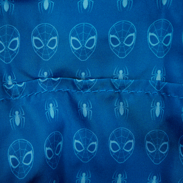 Blue printed lining with Spider-Man masks and spiders inside Loungefly phone crossbody